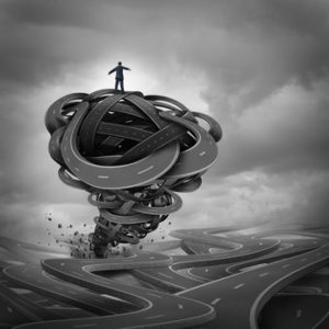Business management concept as a businessman on top of a group of tangled roads shaped as a violent destructive storm tornado or hurricane as a financial risk metaphor with 3D illustration elements.